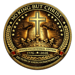 Semiquincentennial edition seal: No King but Christ — 250 Years of American Independence, 1776 to 2026.