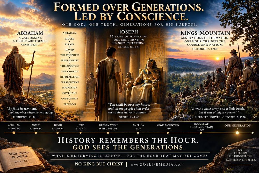 Formed over generations, led by conscience — from Abraham to Joseph to Kings Mountain, one God, one truth, generations for His purpose.