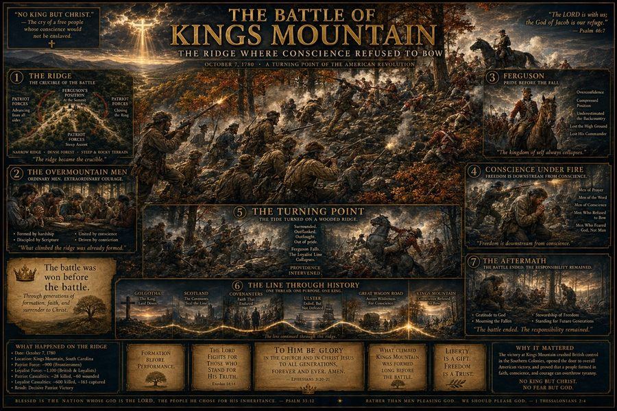 The Seven Great Themes of No King but Christ — a navy and gold thematic map